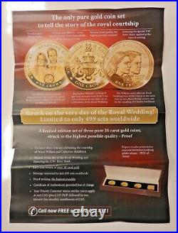 William & Kate 2011 Royal Courtship 24ct 3 coin pure Gold Proof Set TDC Boxed