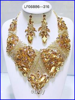 Women Big Crystal Necklace Multicolor Drop Earrings Bridal Wedding Jewelry Sets