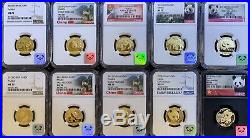 X10 1/4oz Gold Panda from 2010-2019 PERFECT G100Y MS70 NGC SET! 2.5oz Total Au